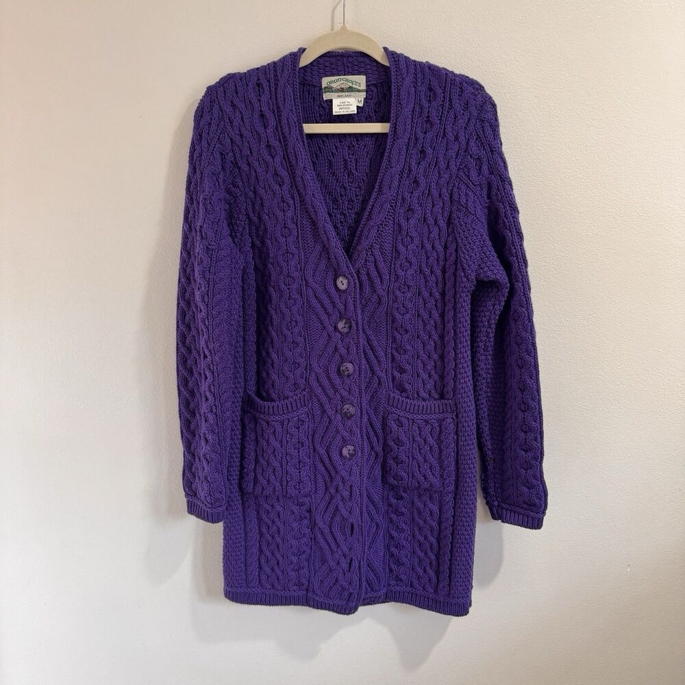 Aran Crafts Ireland Sweater Cardigan Duster M Purple Knit 100% Merino Wool